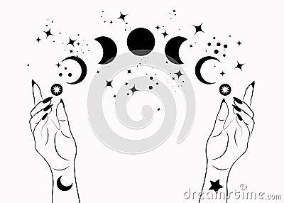 Mystical moon phases and woman hands, Triple moon pagan Wiccan goddess symbol, alchemy esoteric magic space, sacred wheel Vector Illustration