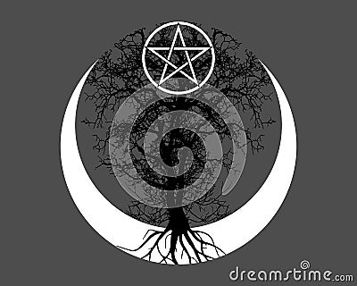 Mystical Moon, tree of life and Wicca pentacle. Sacred geometry. Logo, Crescent moon, half moon pagan Wiccan goddess symbol circle Vector Illustration