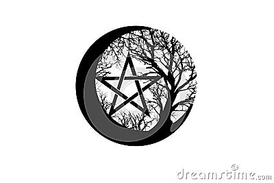 Mystical Moon, tree of life and Wicca pentacle. Sacred geometry. Logo, Crescent moon, half moon pagan Wiccan goddess symbol Vector Illustration