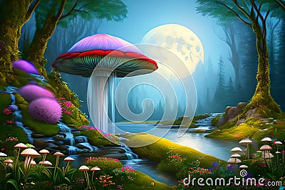 Mystical Moonlight: Fairy Forest with Illuminated Mushrooms in Clearing with Generative AI Stock Photo