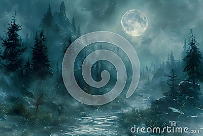 Mystical Moonlit Path to the Enchanted Castle. Concept Fantasy, Moonlight, Enchanted Castle, Stock Photo