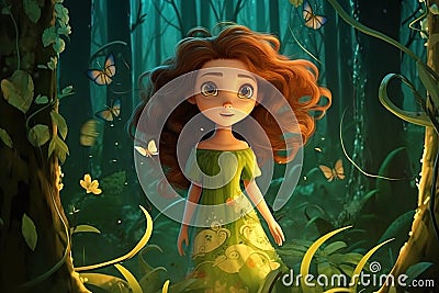 Mystical nature girl, with flowers in her hair and a flowing dress made of leaves, standing in a lush forest with woodland Cartoon Illustration