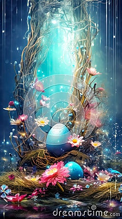 mystical nest cradling vibrant, speckled eggs amidst a flourishing growth of fantastical flowers and trailing vines Stock Photo