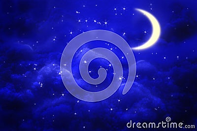 Mystical Night sky background with half moon, clouds and stars. Moonlight . Stock Photo