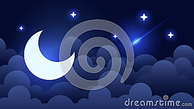 Mystical Night sky background with half moon, clouds and stars. Moonlight night. Vector Vector Illustration