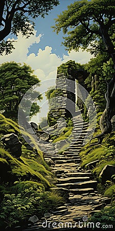 Mystical Pathways: Exploring the Enchanting Stone Stairway to a Stock Photo