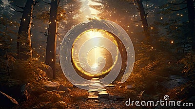 Mystical portal in a secluded forest, surrounded by sparkling mist and ancient trees. Generative AI Cartoon Illustration