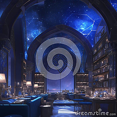 Mystical Private Library, Lapis Lazuli Vibes Stock Photo
