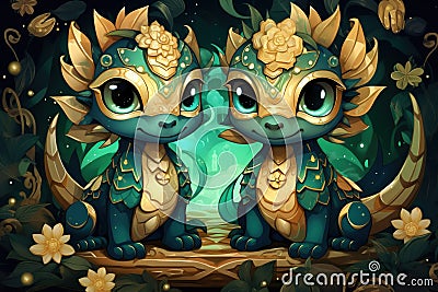 Ancient dragons with scales of emerald and gold - Generative AI Stock Photo