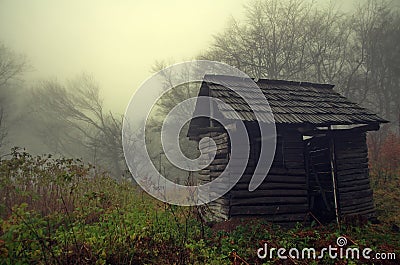 Autumn background. Mystical refuge abandoned in the forest. Autumn landscape Stock Photo