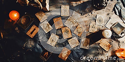 mystical ritual with candles and tarot cards, top view Stock Photo