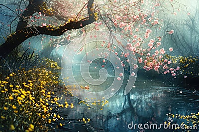 Mystical river scene with cherry blossoms overhanging and golden wildflowers Stock Photo