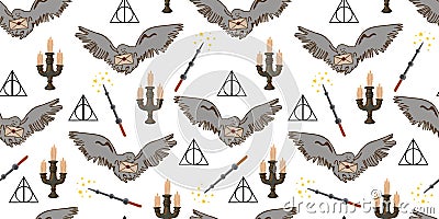 Mystical seamless background. Flying broom. Magic and witchcraft pattern. Pattern for teenagers Vector Illustration