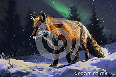 Mystical Snowscape: Fox Under Northern Lights. Stock Photo