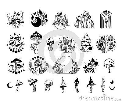 Mystical space mushroom and moon isolated clip art bundle, hand drawn line celestial mushrooms, moon and stars, witchy Vector Illustration