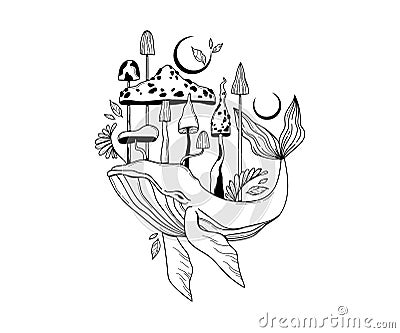 Mystical space whale and magic mushrooms isolated clip art, hand drawn mysterious composition with celestial animal Vector Illustration