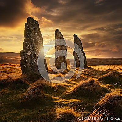 Mystical standing stones on a windswept moor Stock Photo