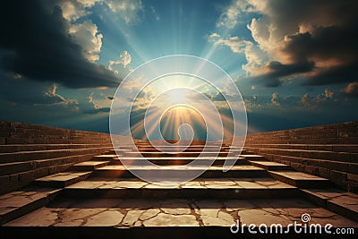 Mystical stone staircase leading to glowing sky gates and divine palace of clouds Stock Photo