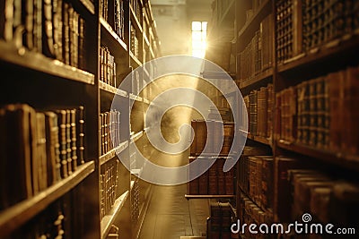 Mystical Sunlight in an Old Library Interior. Resplendent. Stock Photo