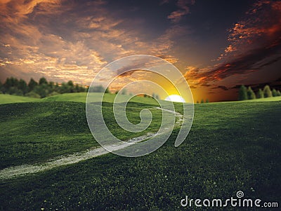 Mystical sunset over summer green hills Stock Photo