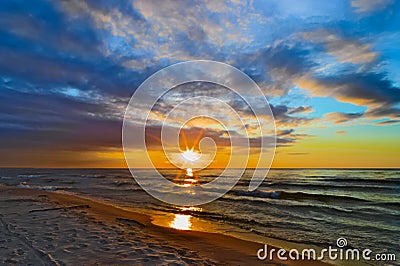 Mystical sunset with stunning cloud formations over the Gdansk Bay. Stock Photo