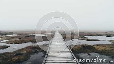 Mystical Swamp Path In Iceland: A Captivating Journey Into The Fog Stock Photo