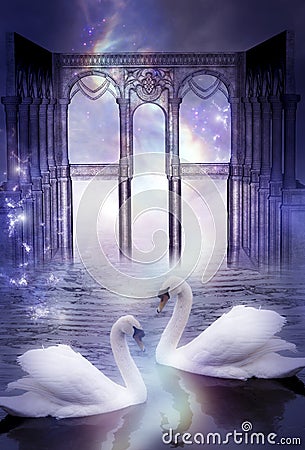 Mystical swans with divine gate like artistic surreal magic dreamy concept Stock Photo