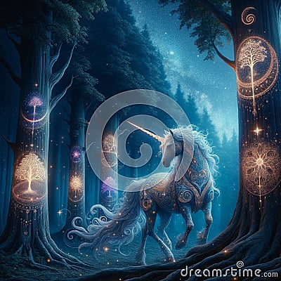 Mystical Symbols: AI Generated Unicorn Amid Glowing Forest Enigma Stock Photo