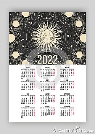 Mystical Tarot calendar for 2022 in astrological boho style, sun faces on a black background. Week starts on Monday. A4 Vector Illustration