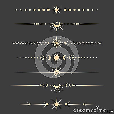 Mystical and tarot style book vignettes, dividers and separators, set of esoteric lunar delimiters Vector Illustration