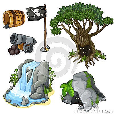 Mystical tree, cave, waterfall and pirate symbols Vector Illustration