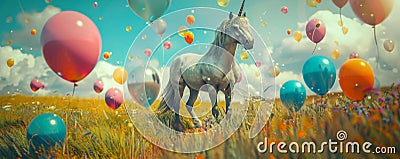 A mystical unicorn in a lush field, surrounded by an array of floating color balloons, each balloon Stock Photo