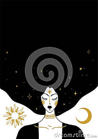 Mystical vector vintage illustration, face of a witch girl with black hair, card with copy space, space background with Vector Illustration
