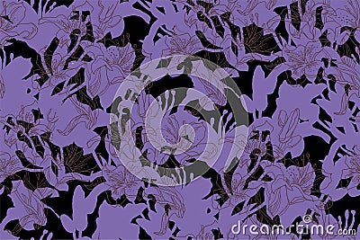 Mystical violet seamless pattern with silhouettes flowers drawn by hand.. Vector Illustration