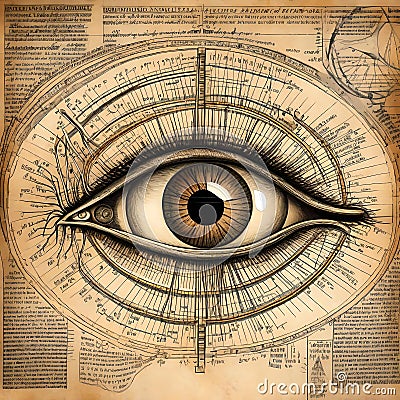 Mystical Vision: Annotated Monochromatic Diagram of the Human Eye Cartoon Illustration