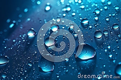 Mystical water drops on a deep blue canvas with gradient and luminous highlights. Stock Photo