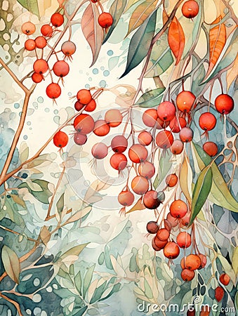 Mystical Watercolor Mistletoe Leaves and Berries AI Generated Cartoon Illustration