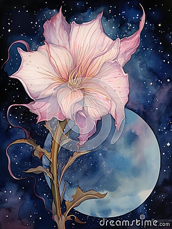 Mystical Watercolor Moonflower Blossoming Under Subtle Moonlight AI Generated Cartoon Illustration