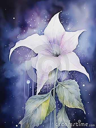 Mystical Watercolor Moonflower Blossoming Under Subtle Moonlight AI Generated AI Generated Cartoon Illustration
