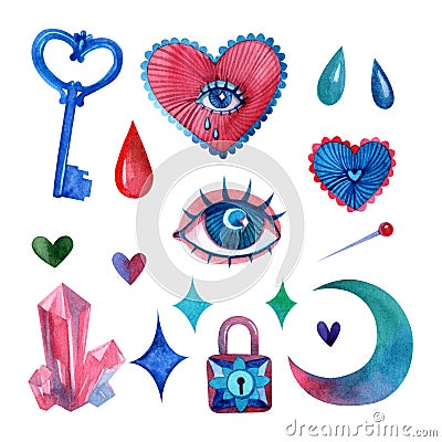 Mystical watercolor set of elements: all-seeing eye, key, heart, drops, pin, crystal, stars, moon, lock Stock Photo