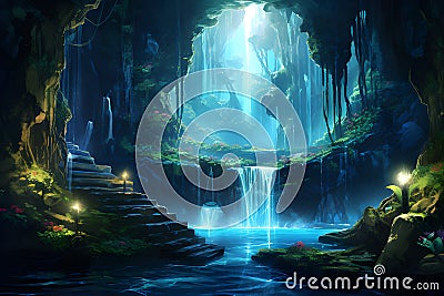 Mystical Waterfall Grotto. A hidden grotto behind a mesmerizing waterfall, AI Generated Stock Photo