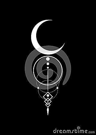 Mystical white Moon logo, half moon, Sacred geometry. Crescent moon pagan Wiccan goddess symbol, silhouette wicca banner sign Vector Illustration