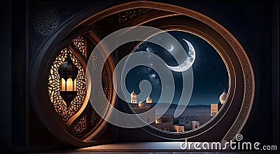 Mystical window with crescent moon in the stary night sky. Generative Ai Stock Photo