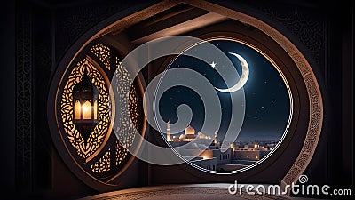 Mystical window with crescent moon in the stary night sky. Generative Ai Stock Photo