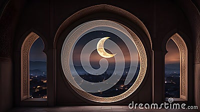 Mystical window with crescent moon in the stary night sky. Generative Ai Stock Photo