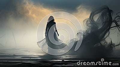 Mystical Woman Emerging From Enigmatic Fog Stock Photo