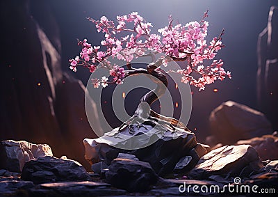 Mystical Yggdrasil: A Bonsai Tree's Journey Through a Rocky Land Stock Photo