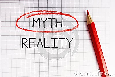 Myth or reality dilemma in math book with myth word in red circle Stock Photo