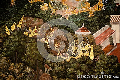 Ramayana Wall Art Oil Painting at the Grand Palace in Bangkok city, Thailand. Editorial Stock Photo