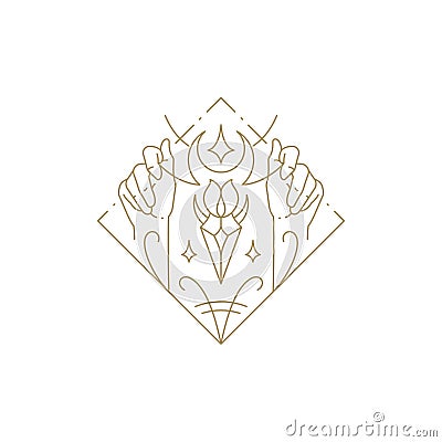 Mythic human hands hold esoteric spiritual frame half moon star and gem minimalist line icon vector Vector Illustration